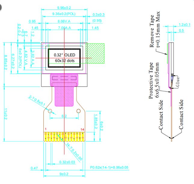 Écran OLED de forme personnalisée I2C Blanc 0,32 pouce Panneau d'affichage OLED 60x32 pixels Le plus petit OLED 0,32