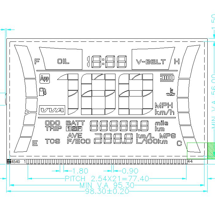 Écran LCD personnalisé Compteur de vitesse de moto à 7 segments Écran LCD Htn Fabricant de compteur de vitesse de moto transflectif